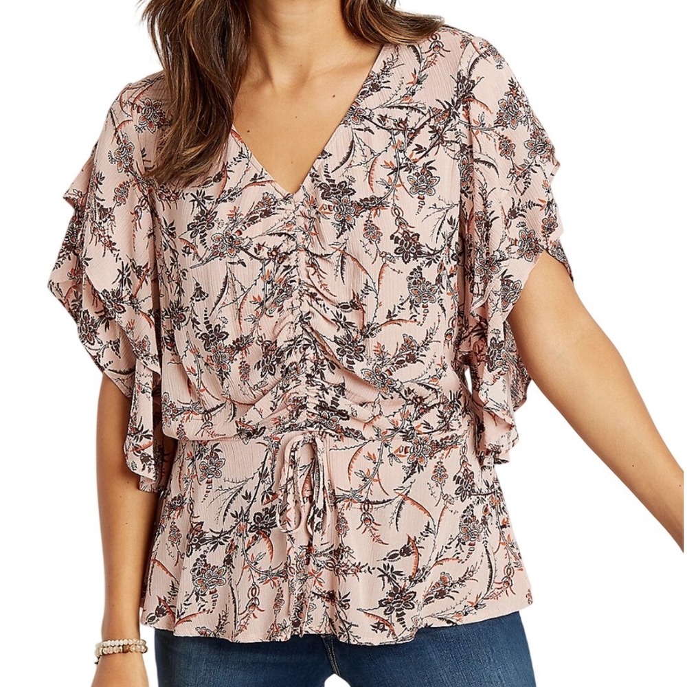 Maurices Floral Peplum Blouse Large Pink Ruched Ruffle Sleeve Boho Cottagecore